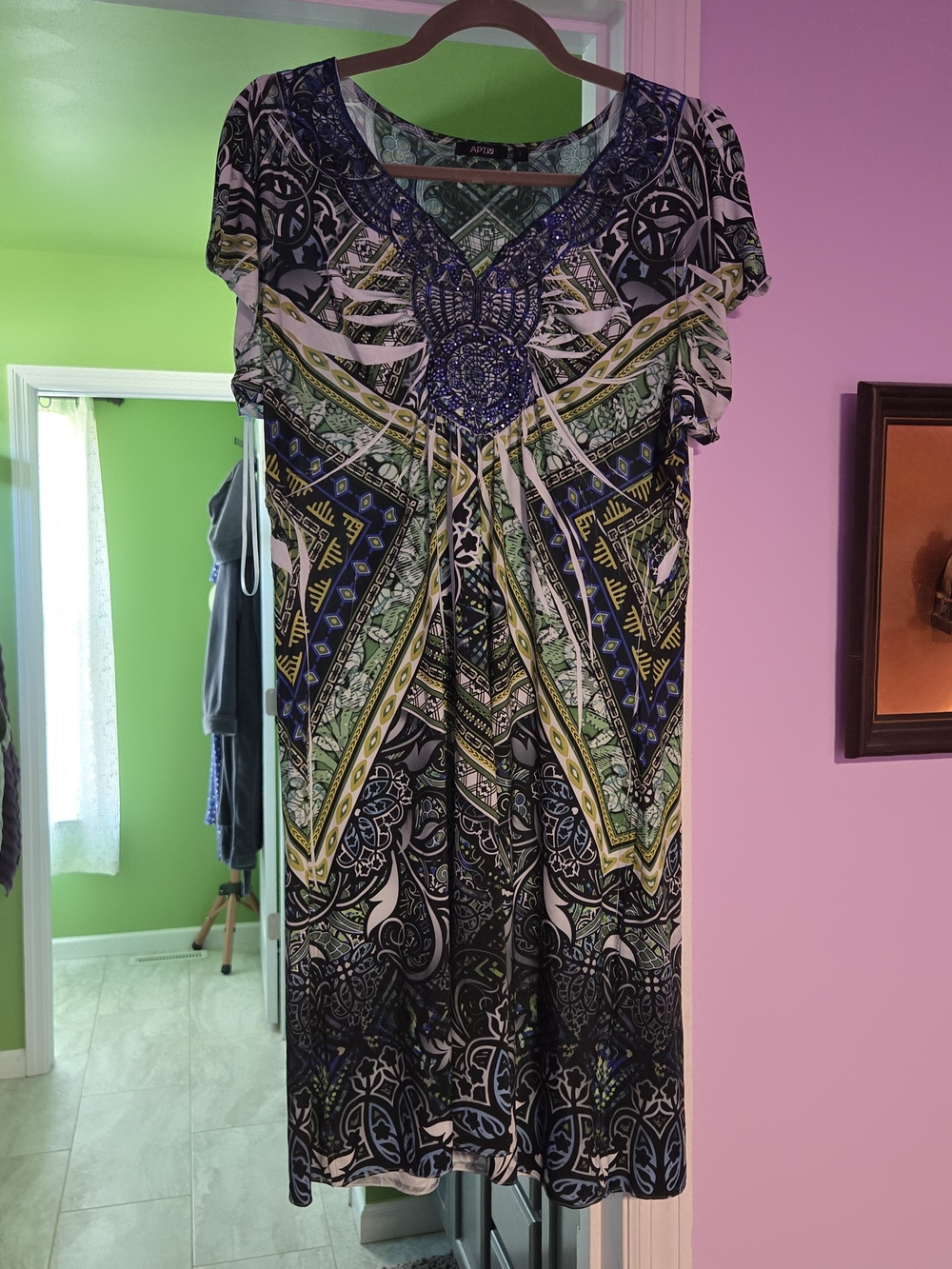 Size L Apt. 9 Green & Blue Printed Short Sleeve Dress